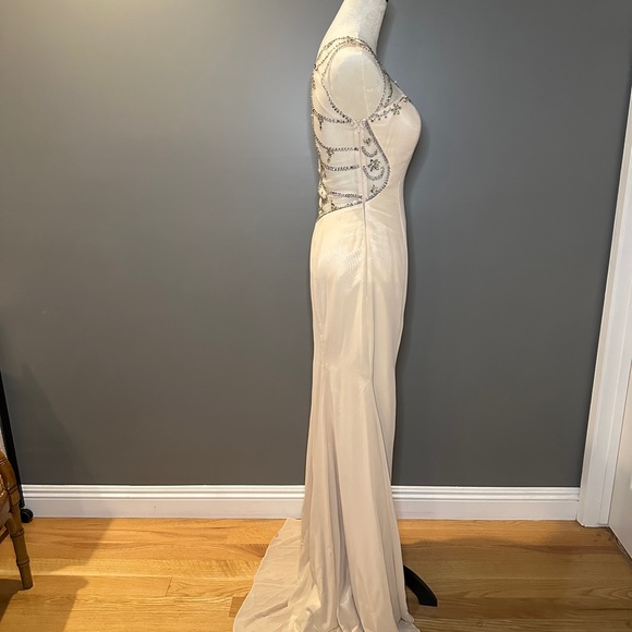 Custom Formal Backless Mesh Beaded Gown. Champagne color - Picture 3 of 6